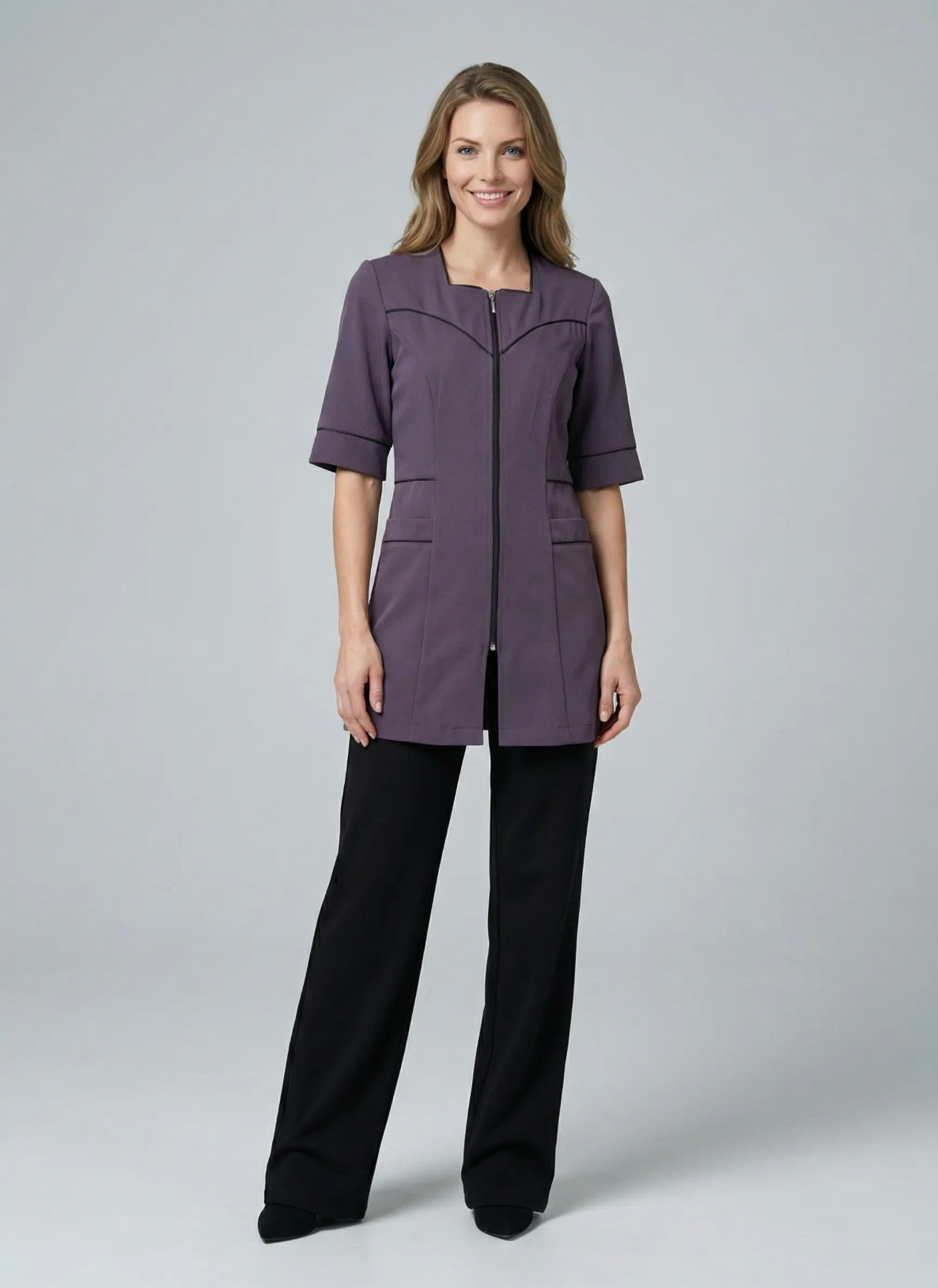 Short smock with square neckline / zipper / contrast