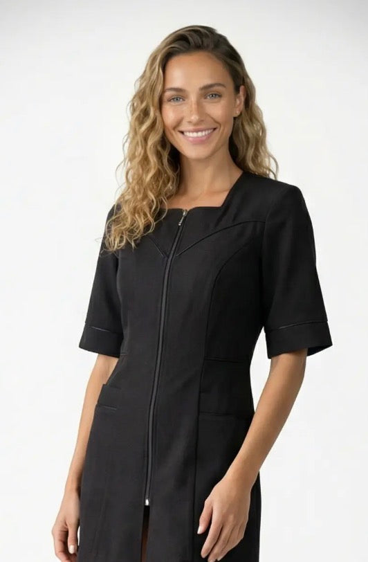 Short smock with square neckline / zipper / contrast